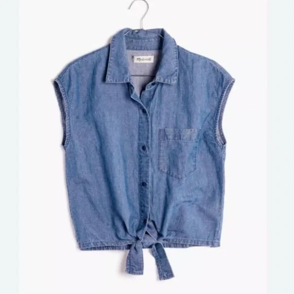 Madewell Blue Sleeveless Button Down Shirt with Tie Front - Picture 1 of 6